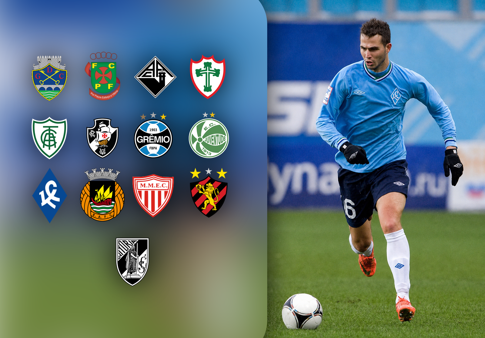 Escudos dos clubes por onde Bruno Teles passou ao longo da carreira no Brasil e na Europa