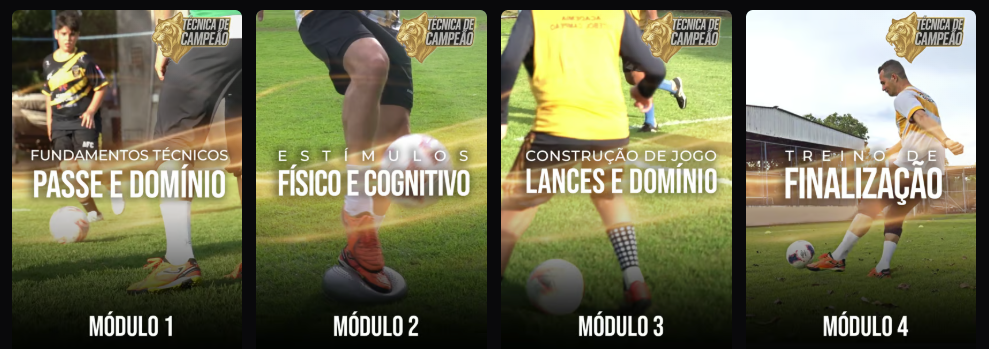 Os quatro módulos: Passe e Domínio, Físico e Cognitivo, Lances e Domínio, e Finalização